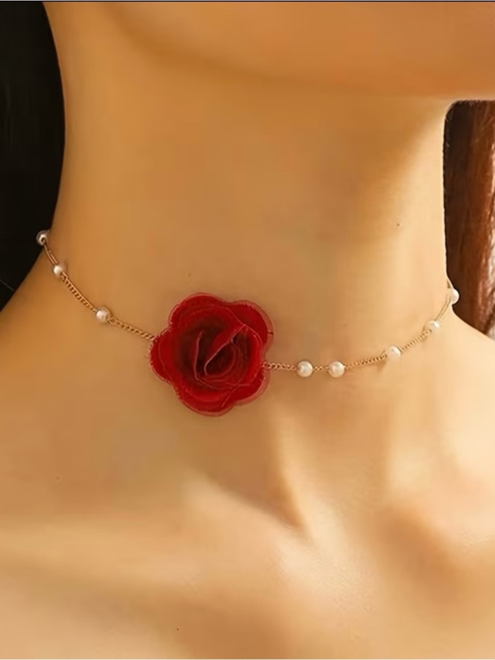 Red Rose Pearl Accent Choker Necklace